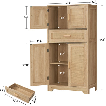 TEENFON 47.2" H Tall Storage Cabinet with Adjustable Shelf, Rattan Cabinet with Large Drawer, Cupboard for Living Room, Dining Room, Entryway, Home Office, Natural