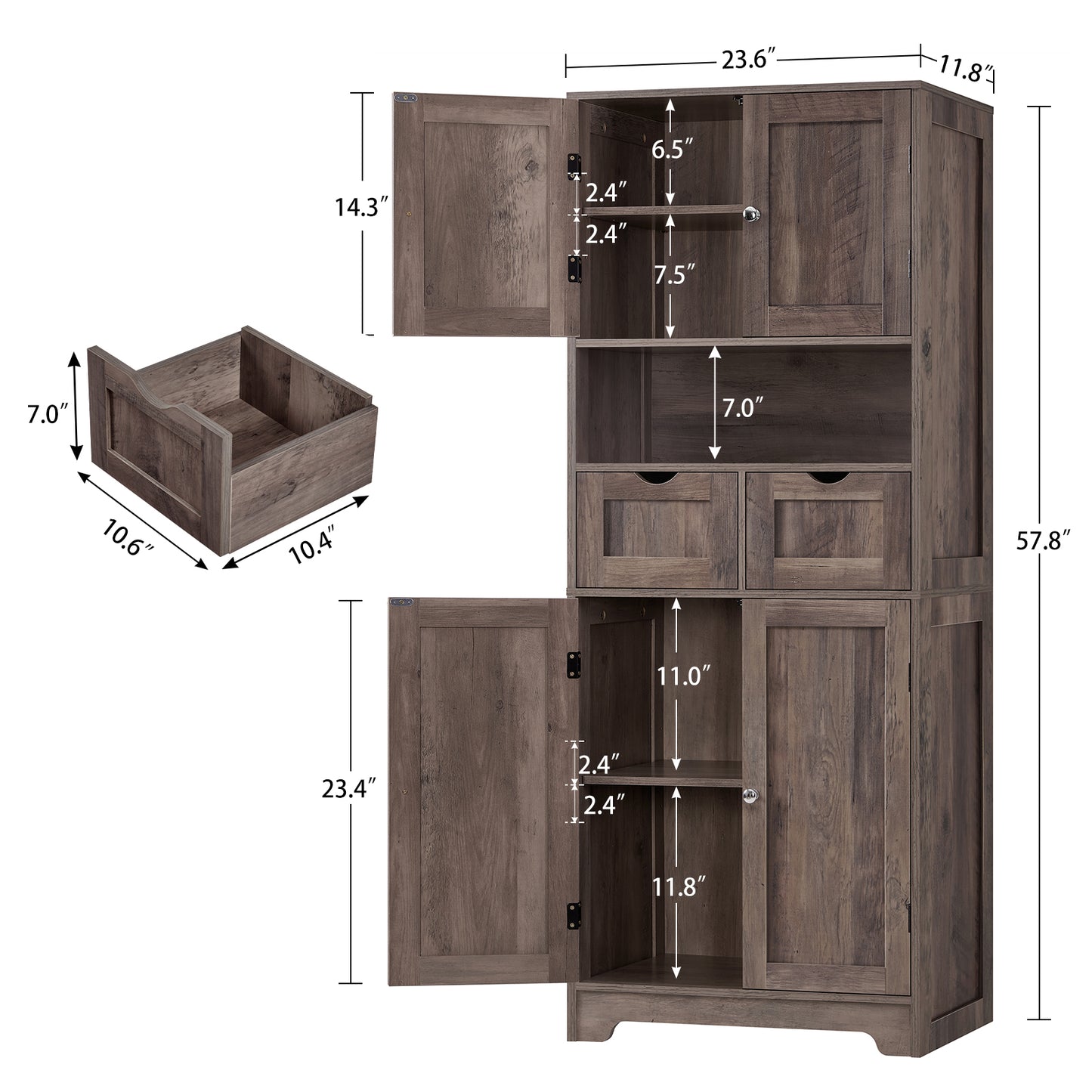 57.8" H Tall Storage Cabinet with 2 Drawers & 2 Adjustable Shelves, Floor Cabinet with 4 Doors, Tall Cabinet for Living Room, Dining Room, Entryway, Black