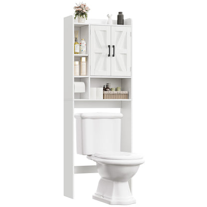 TEENFON Over The Toilet Storage Cabinet with 4 Open Shelves and Adjustable Shelf, Extra Tall Bathroom Organizer Unit with 2 Barn Doors, Home Space Saver for Bathroom, Laundry Room, White