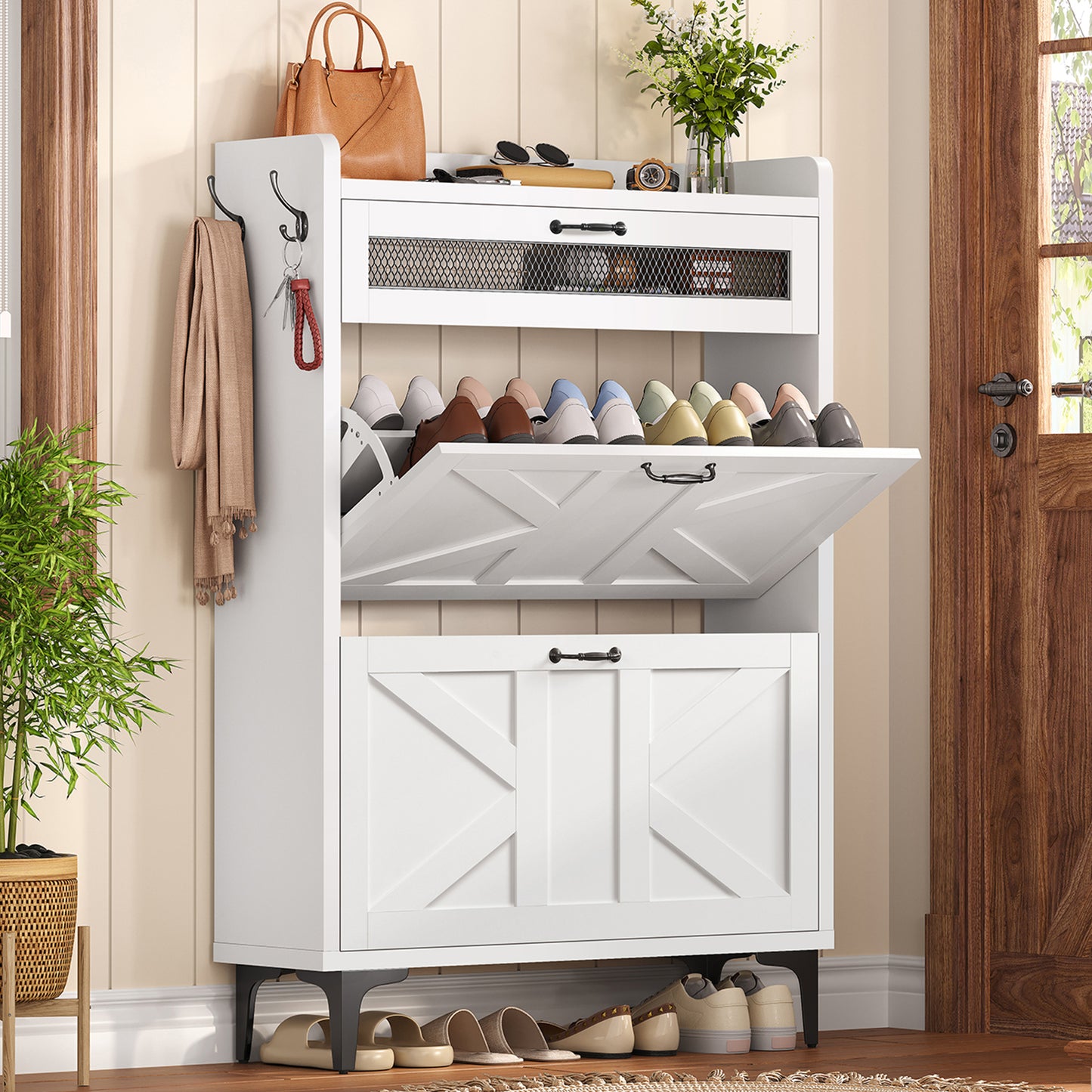 TEENFON Shoe Cabinet with 2 Flip Drawers, Shoe Storage Cabinet with Mesh Sliding Drawer, Freestanding Shoe Organizer with Metal Legs & 2 Hooks, Narrow Shoe Rack for Entryway, Hallway, White