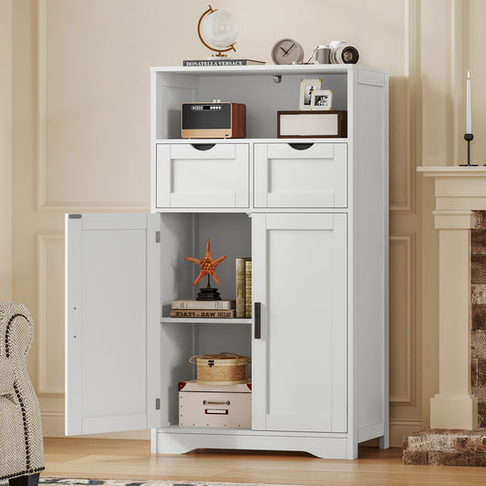 TEENFON Storage Cabinet with 2 Drawers & Adjustable Shelves, Rattan Cabinet, Kitchen Pantry Cabinets, Cupboard for Living Room, Kitchen, Home Office,White