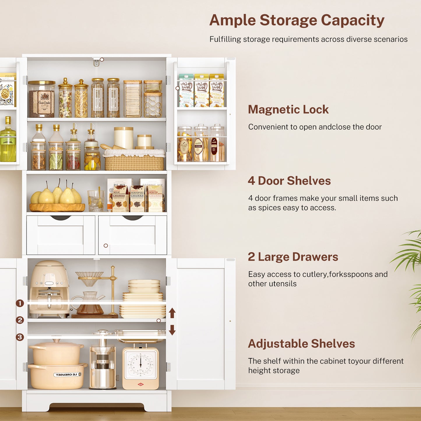 TEENFON Kitchen Pantry Cabinet with Adjustable Shelf, Tall Storage Cabinet with 2 Drawers & 4 Door Shelves, Food Pantry Cabinets, for Kitchen, Dining Room, Living Room, White