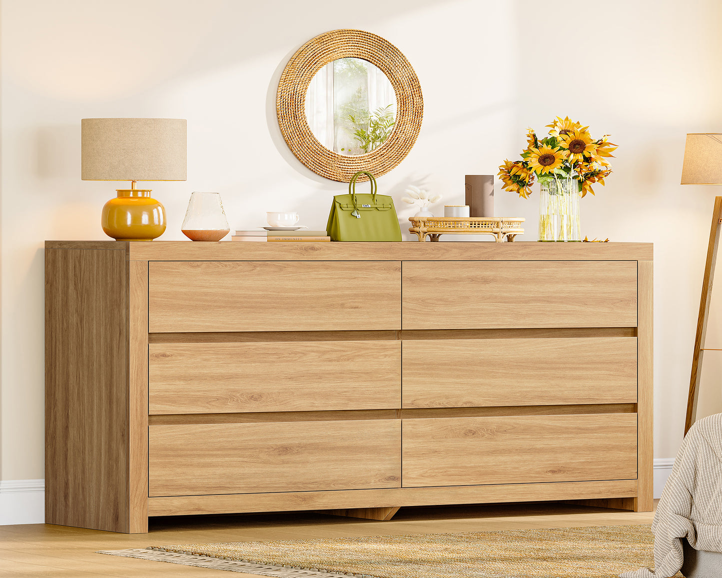 TEENFON 55" Dresser for Bedroom with 6 Drawers, Modern Dressers & Chests of Drawers with Metal Handles, Wooden Dresser TV Stand, Bedroom Dressers for Living Room, Hallway, Natural