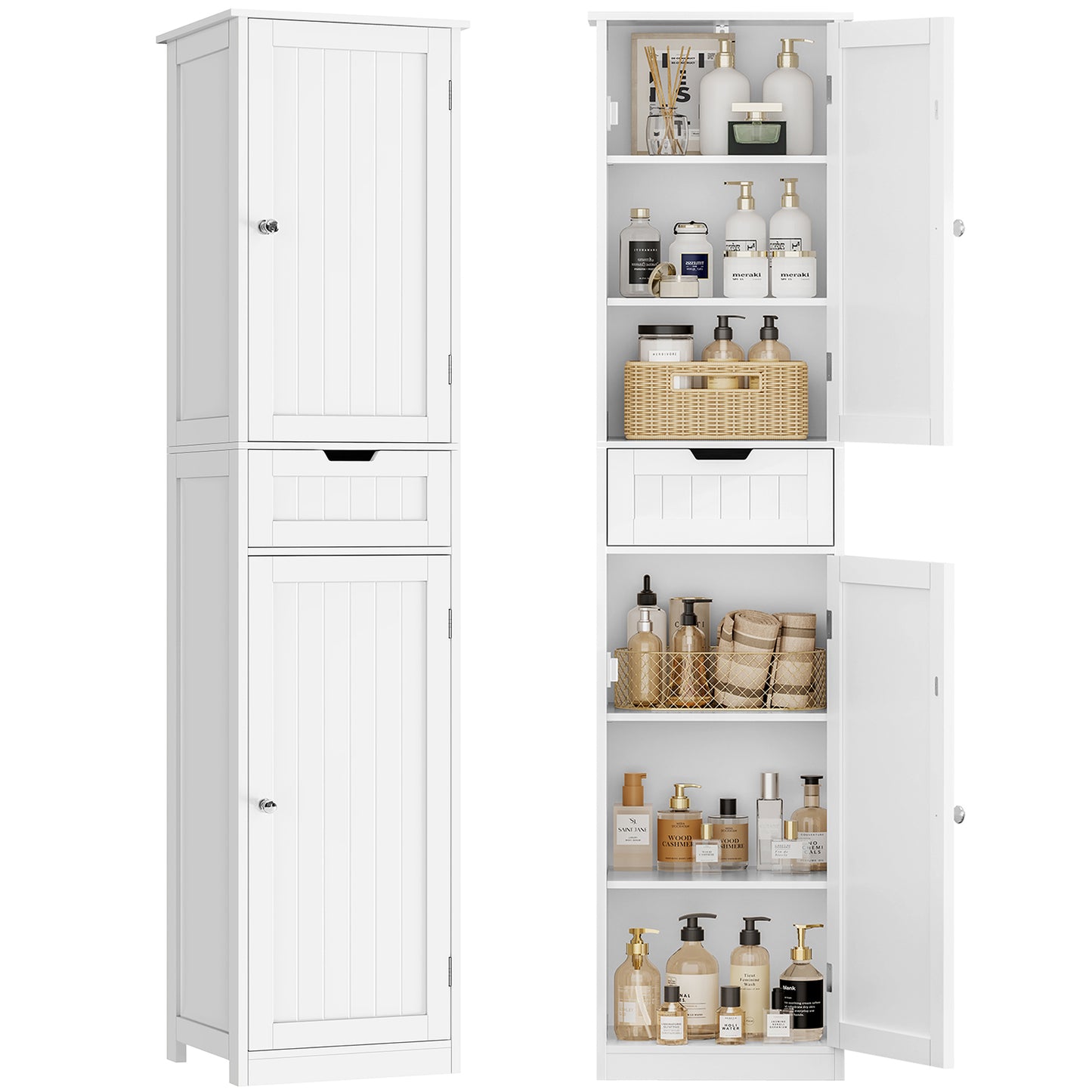 TEENFON 67" H Tall Storage Cabinet with 2 Rattan Doors and 1 Drawer, Narrow Rattan Cabinet with Adjustable Shelves, for Living Room, Entryway, Kitchen, Natural