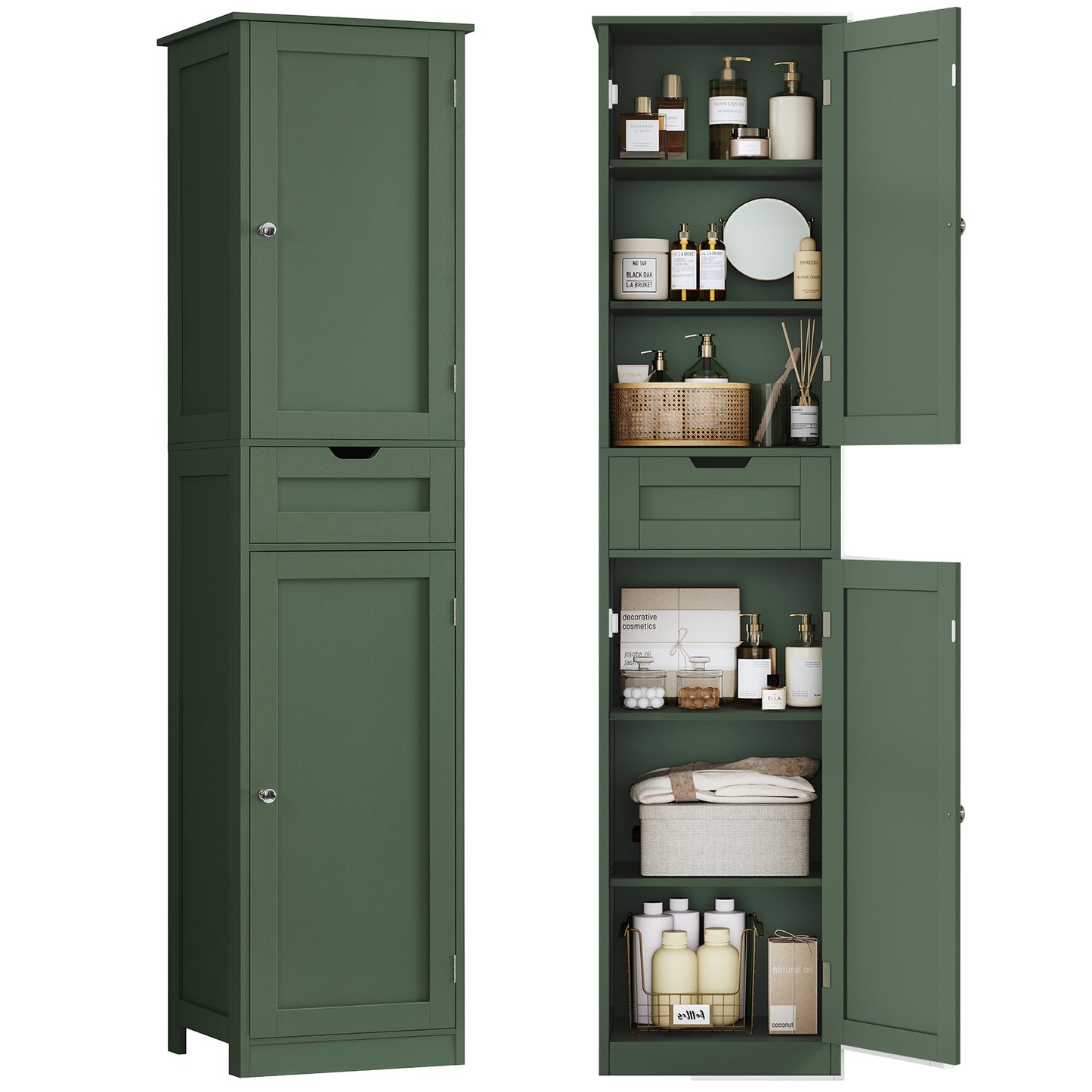 TEENFON 67" H Tall Storage Cabinet with 2 Rattan Doors and 1 Drawer, Narrow Rattan Cabinet with Adjustable Shelves, for Living Room, Entryway, Kitchen, Natural