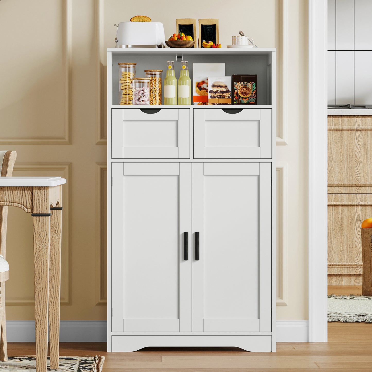 TEENFON Storage Cabinet with 2 Drawers & Adjustable Shelves, Rattan Cabinet, Kitchen Pantry Cabinets, Cupboard for Living Room, Kitchen, Home Office,White