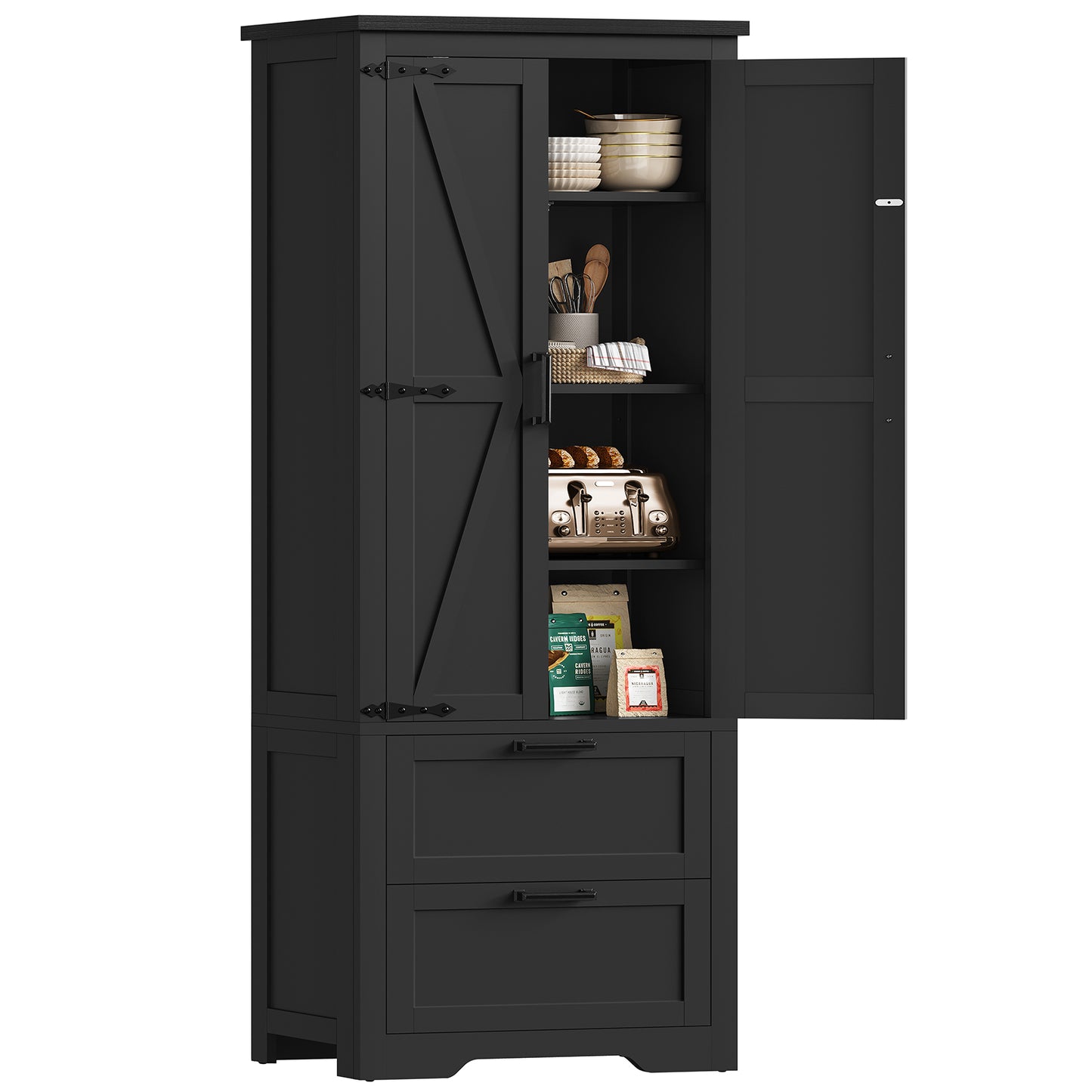 TEENFON 66.2" H Storage Cabinet with 2 Drawers, Farmhouse Kitchen Pantry Cabinet with 2 Doors & Adjustable Shelf, Bathroom Cabinet, for Living Room, Kitchen, Bathroom, White
