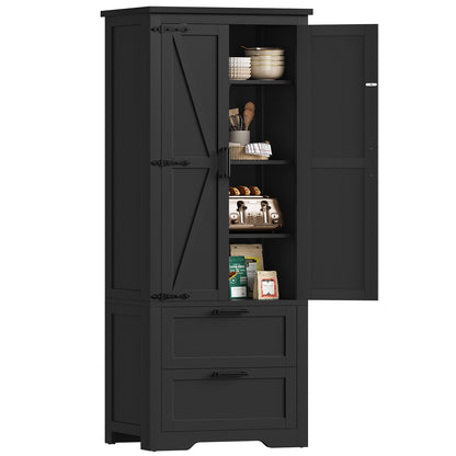 TEENFON 66.2" H Storage Cabinet with 2 Drawers, Farmhouse Kitchen Pantry Cabinet with 2 Doors & Adjustable Shelf, Bathroom Cabinet, for Living Room, Kitchen, Bathroom, White