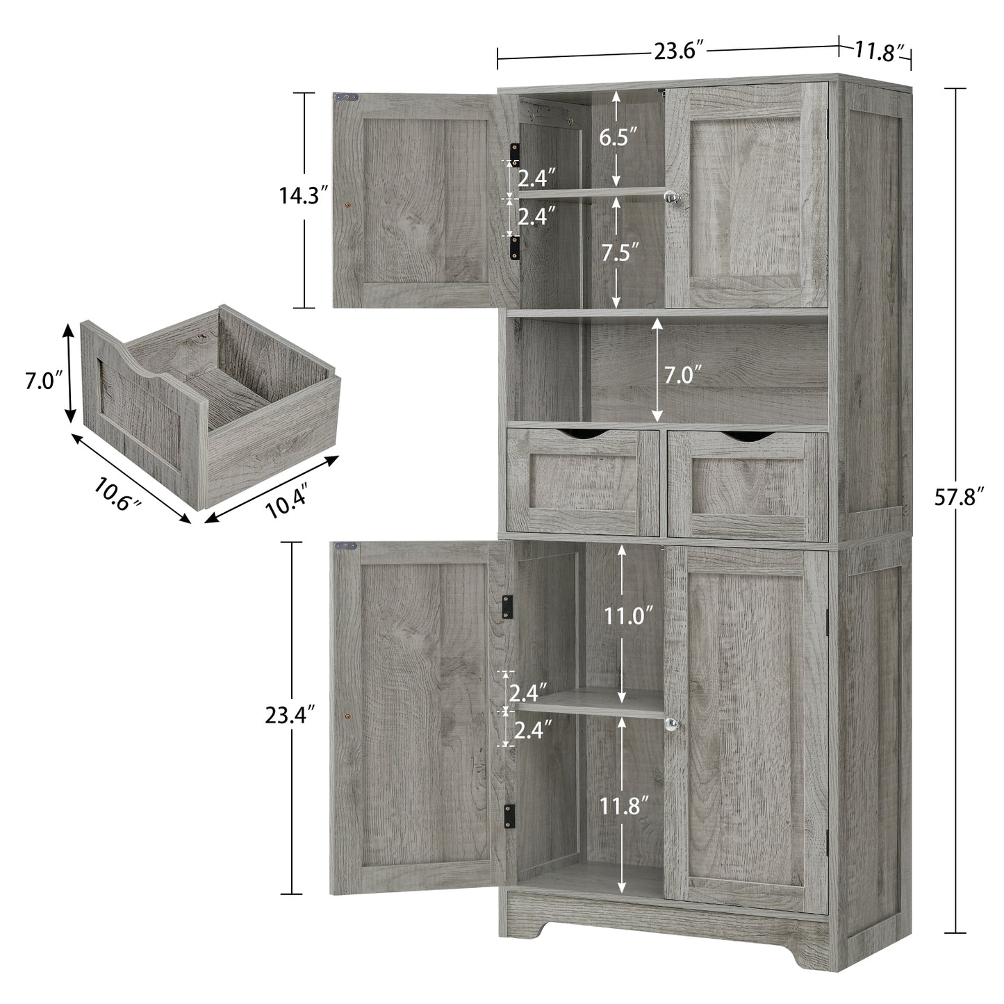 57.8" H Tall Storage Cabinet with 2 Drawers & 2 Adjustable Shelves, Floor Cabinet with 4 Doors, Tall Cabinet for Living Room, Dining Room, Entryway, Black