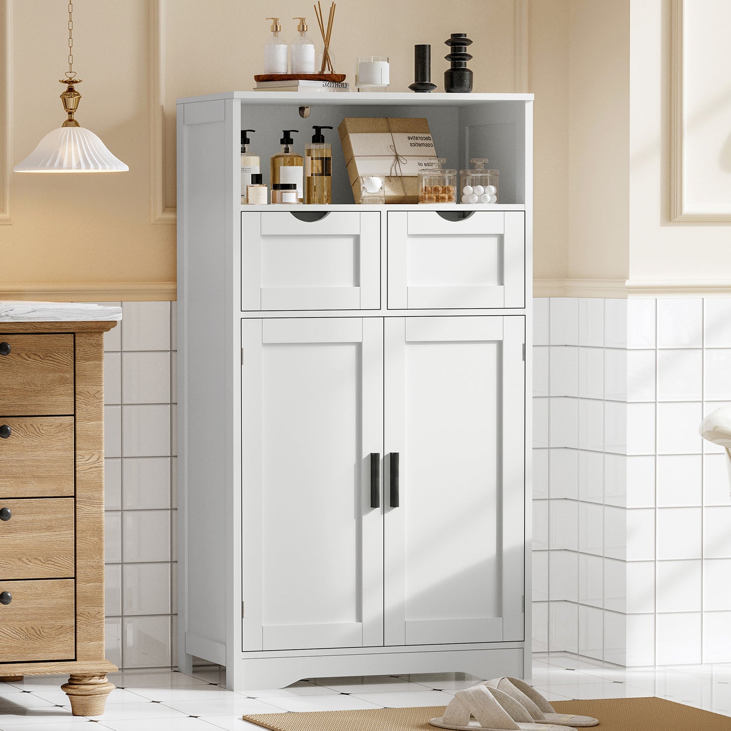 TEENFON Storage Cabinet with 2 Drawers & Adjustable Shelves, Rattan Cabinet, Kitchen Pantry Cabinets, Cupboard for Living Room, Kitchen, Home Office,White