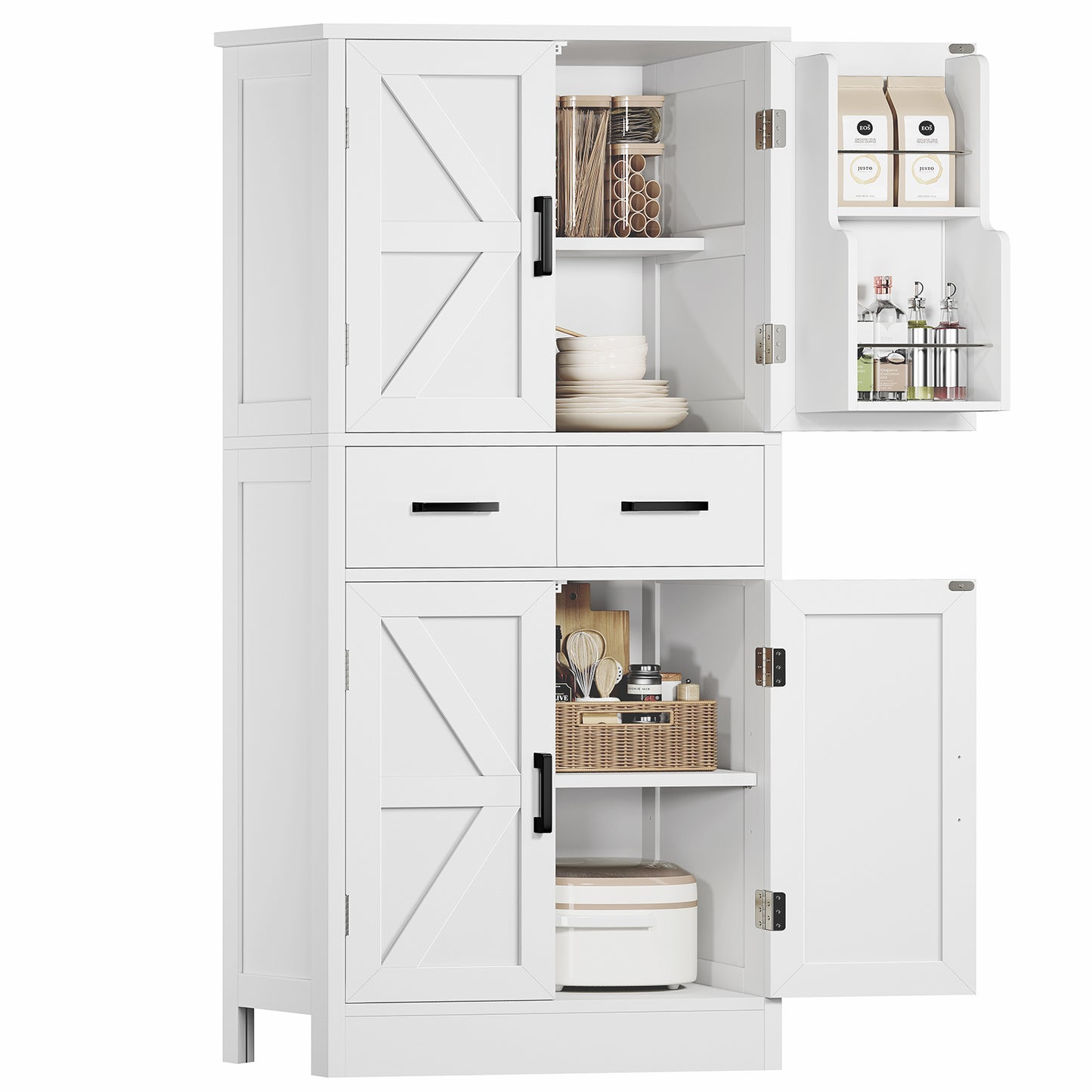 TEENFON 53" H Pantry Cabinet with 2 Drawers, Kitchen Storage Cabinet with 4 Door Shelves, Kitchen Pantry for Living Room, Dining Room, Bathroom, White