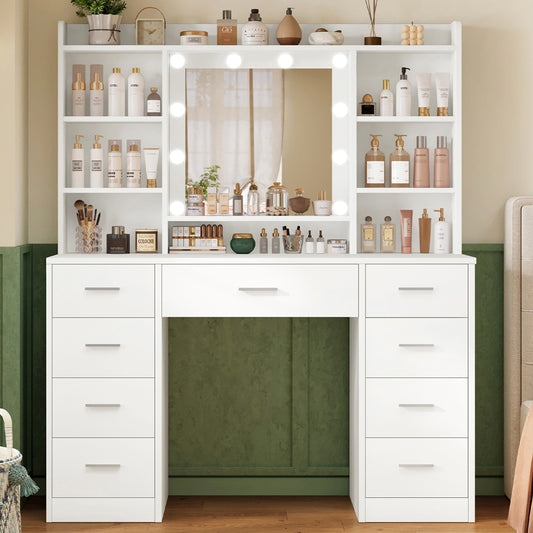 TEENFON Dressing Table with 3-Color LED Lights Mirror, Adjustable Brightness, Vanity Table Makeup Desk with 9 Drawers and 7 Storage Shelves, Modern Vanity Desk for Bedroom Dressing Room, White