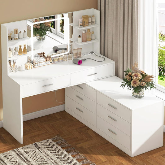 TEENFON Vanity Desk with LED Light Mirror & Power Outlet, 8 Drawers, 6 Storage Shelves, 3 Color Modes & Adjustable Brightness Makeup Vanity, Corner Vanity, L Shape Vanity, 39.4”-64.9" Desk, White