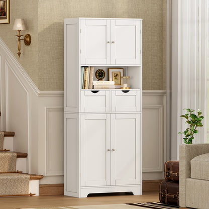 TEENFON 57.8" H Tall Storage Cabinet with 2 Drawers & 2 Adjustable Shelves, Bathroom Storage Cabinet with 4 Doors, Floor Cupboard, for Living Room, Dining Room, Entryway, Woodgrain Gray