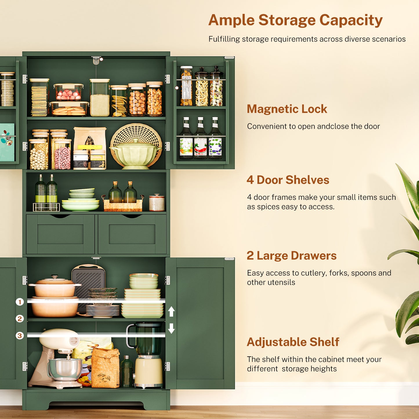 TEENFON Kitchen Pantry Cabinet with Adjustable Shelf, Tall Storage Cabinet with 2 Drawers & 4 Door Shelves, Food Pantry Cabinets, for Kitchen, Dining Room, Living Room, Green