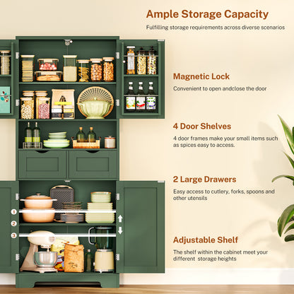 TEENFON Kitchen Pantry Cabinet with Adjustable Shelf, Tall Storage Cabinet with 2 Drawers & 4 Door Shelves, Food Pantry Cabinets, for Kitchen, Dining Room, Living Room, Green