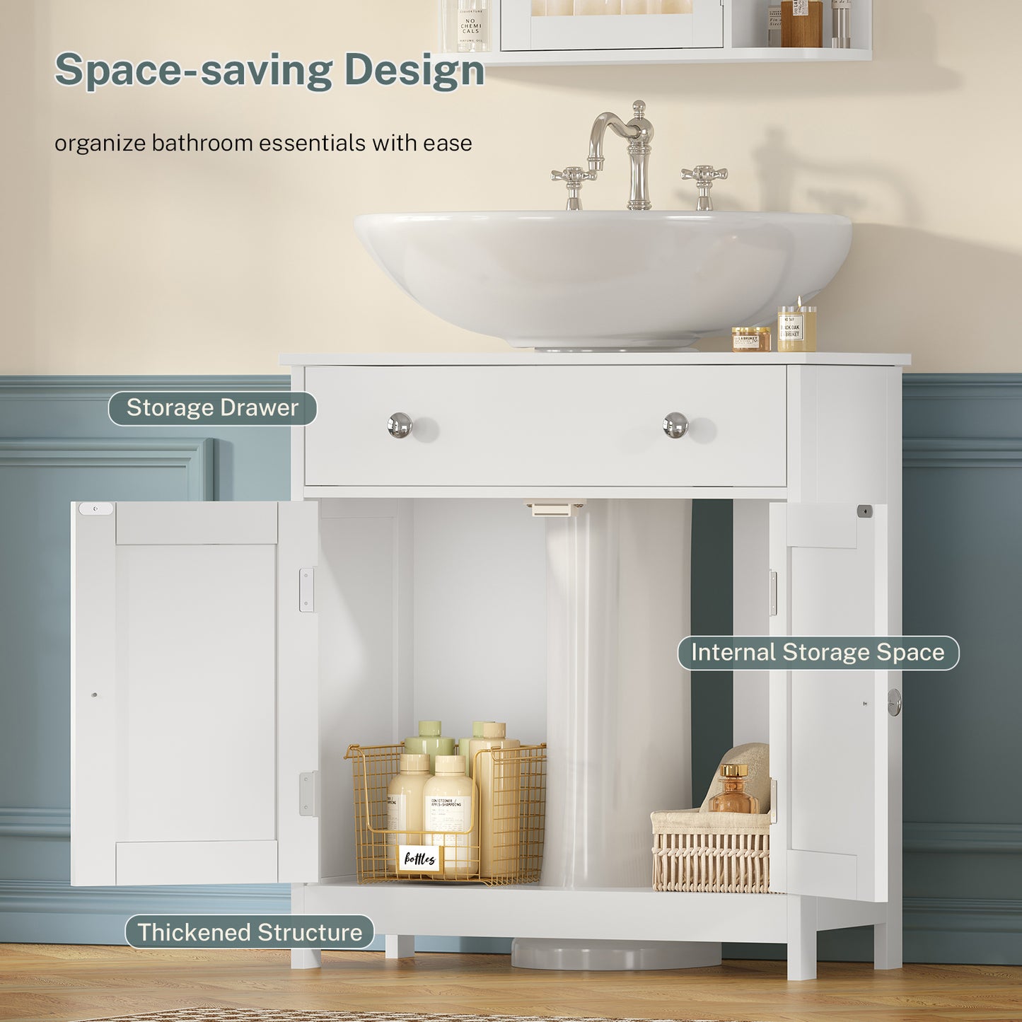 TEENFON 35.4" Pedestal Sink Storage Cabinet with 2 Doors and Adjustable Shelves, Bathroom Sink Cabinet, Under Sink Storage with U-Shape Cut-Out, White