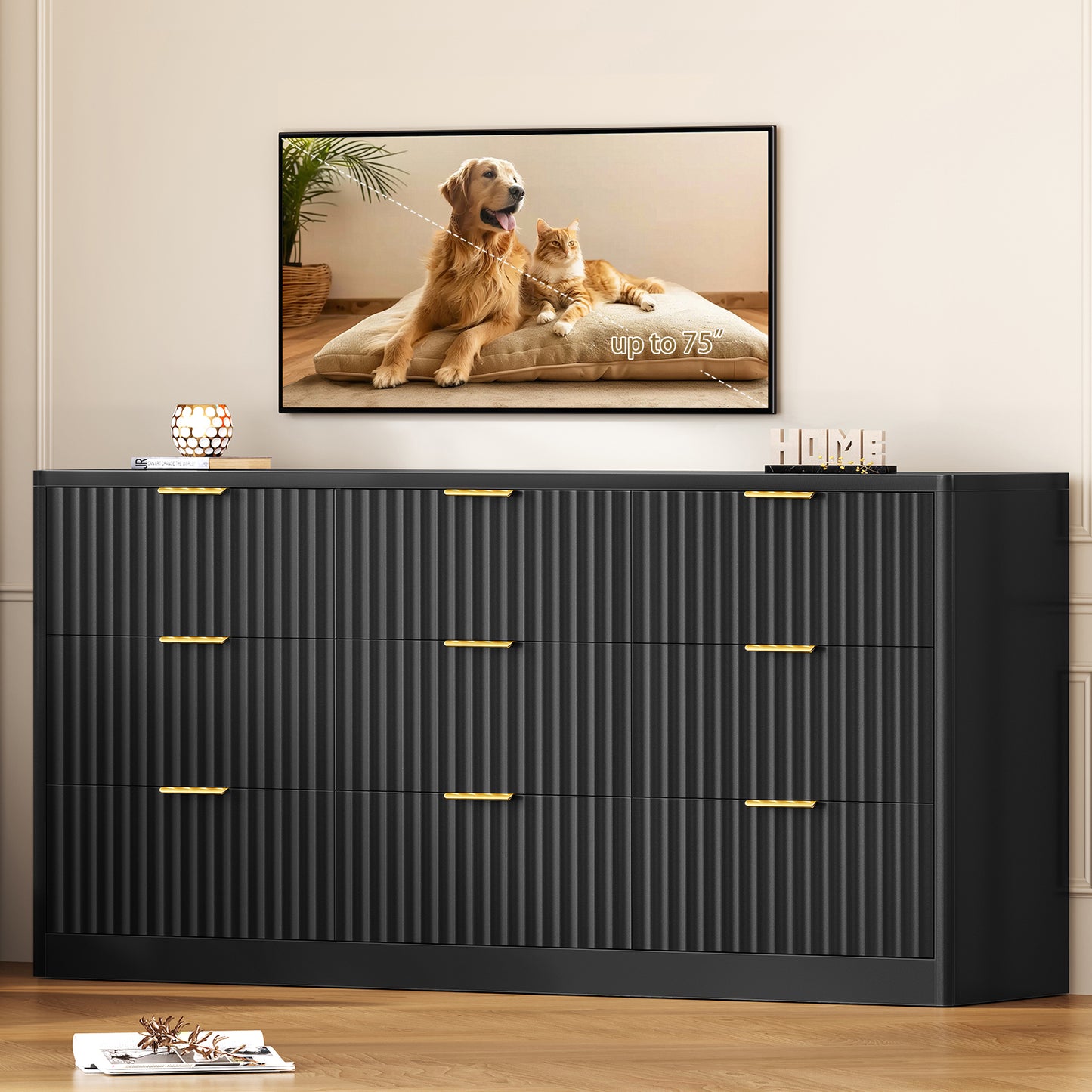 TEENFON Fluted Dresser for Bedroom with 9 Drawers, 63" Wide Modern Chest of Drawers with Metal Handle & Curved Profile Design, Wood Closet Clothes Storage Organizer for Living Room, Hallway, Black