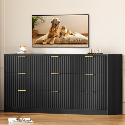 TEENFON Fluted Dresser for Bedroom with 9 Drawers, 63" Wide Modern Chest of Drawers with Metal Handle & Curved Profile Design, Wood Closet Clothes Storage Organizer for Living Room, Hallway, Black
