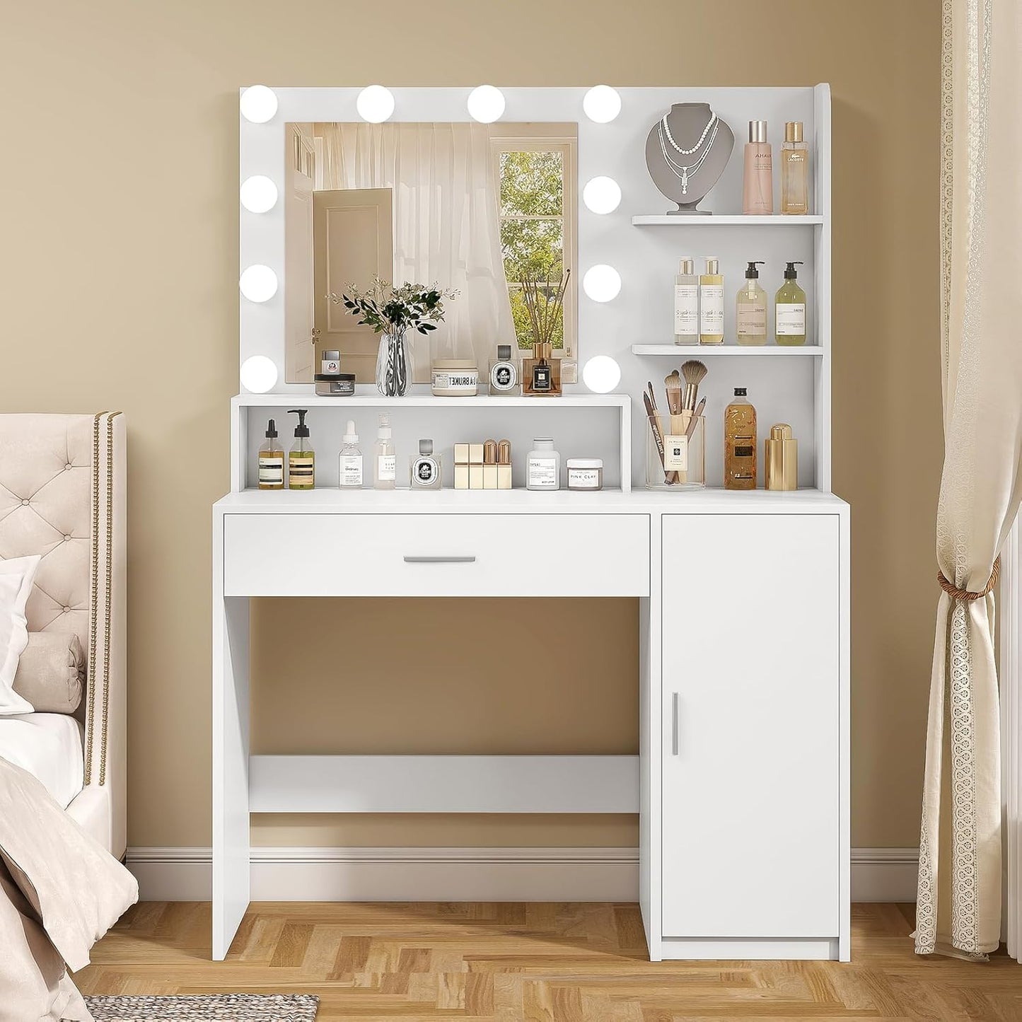 TEENFON Vanity Desk with 10 Lights & Mirror, 3 Storage Shelf, Big Drawer, Cabinet with Shelves, 3 Lighting Modes & Adjustable Brightness Dressing Table, Small Makeup Vanity, 35.5” Desk,White