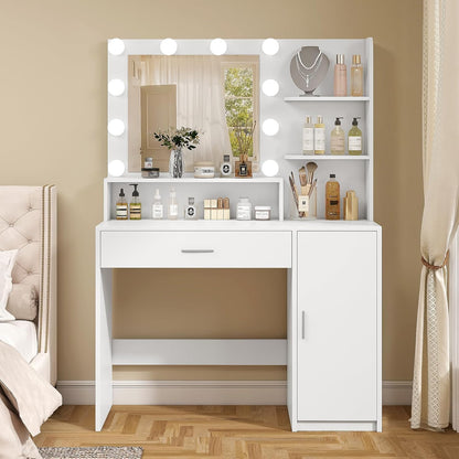 TEENFON Vanity Desk with 10 Lights & Mirror, 3 Storage Shelf, Big Drawer, Cabinet with Shelves, 3 Lighting Modes & Adjustable Brightness Dressing Table, Small Makeup Vanity, 35.5” Desk,White