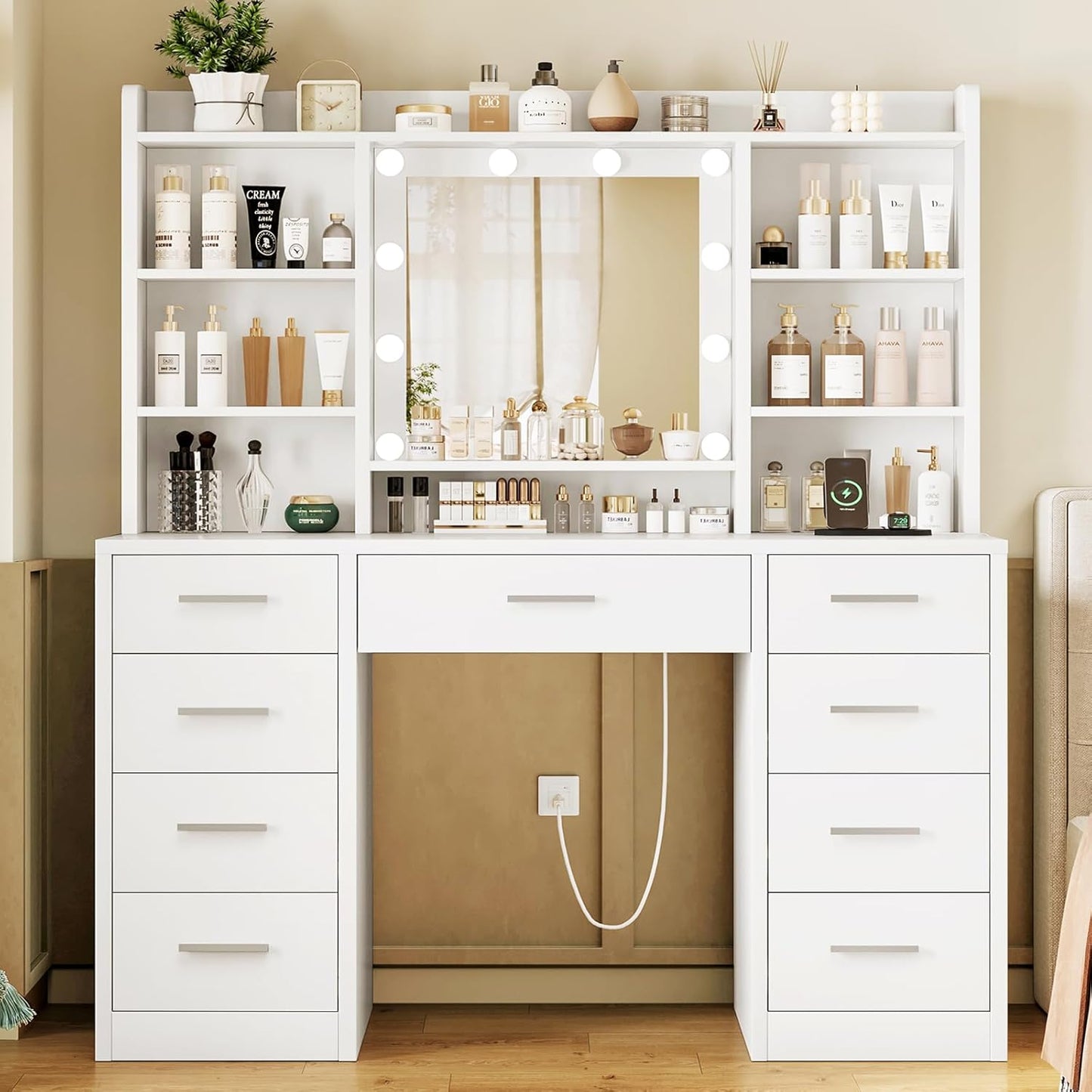 TEENFON Vanity Desk with Mirror and Lights, Power Outlet, Makeup Vanity with 9 Drawers & 6 Open Storage Shelves, 3 Lighting Modes Brightness Adjustable, White
