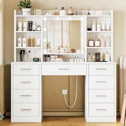 TEENFON Vanity Desk with Mirror and Lights, Power Outlet, Makeup Vanity with 9 Drawers & 6 Open Storage Shelves, 3 Lighting Modes Brightness Adjustable, White