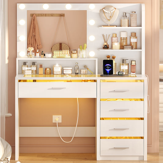 Vanity Desk with Mirror and Lights, Makeup Vanity with Glass Top