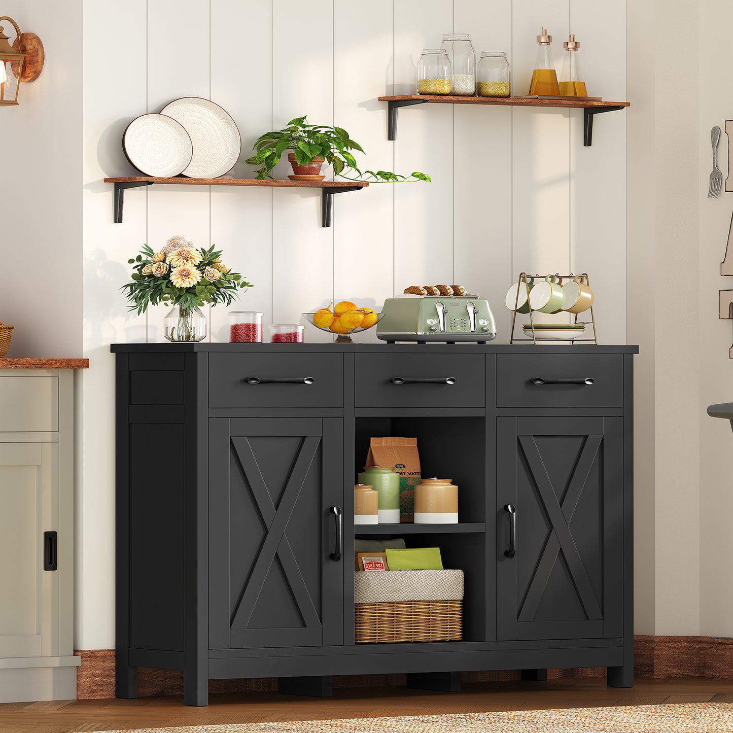 TEENFON Storage Cabinet, Coffee Bar Cabinet with 3 Drawers, 2 Adjustable Shelves & 2 Doors, Buffet Cabinet, Kitchen Cabinet for Kitchen, Dining Room, Living Room, White