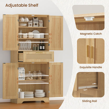 TEENFON Tall Storage Cabinet with 2 Adjustable Shelves & Large Drawer, Rattan Cabinet with 4 Doors, Pantry Cabinets for Dining Room, Living Room, Home Office, Natural