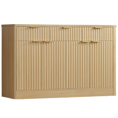 TEENEON Large Fluted Buffet Cabinet with 3 Drawers & 4 Doors, Sideboard Cabinet with 2 Adjustable Shelves, Coffee Bar Storage Cabinet for Kitchen, Living Room, Natural