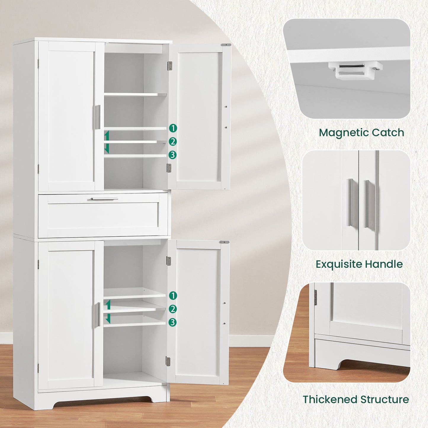 TEENFON Tall Storage Cabinet with Adjustable Shelf & 1 Large Drawer, Pantry Cabinet with 4 Doors, Bathroom Cabinets, Kitchen Cabinets for Dining Room, Living Room, Home Office, White