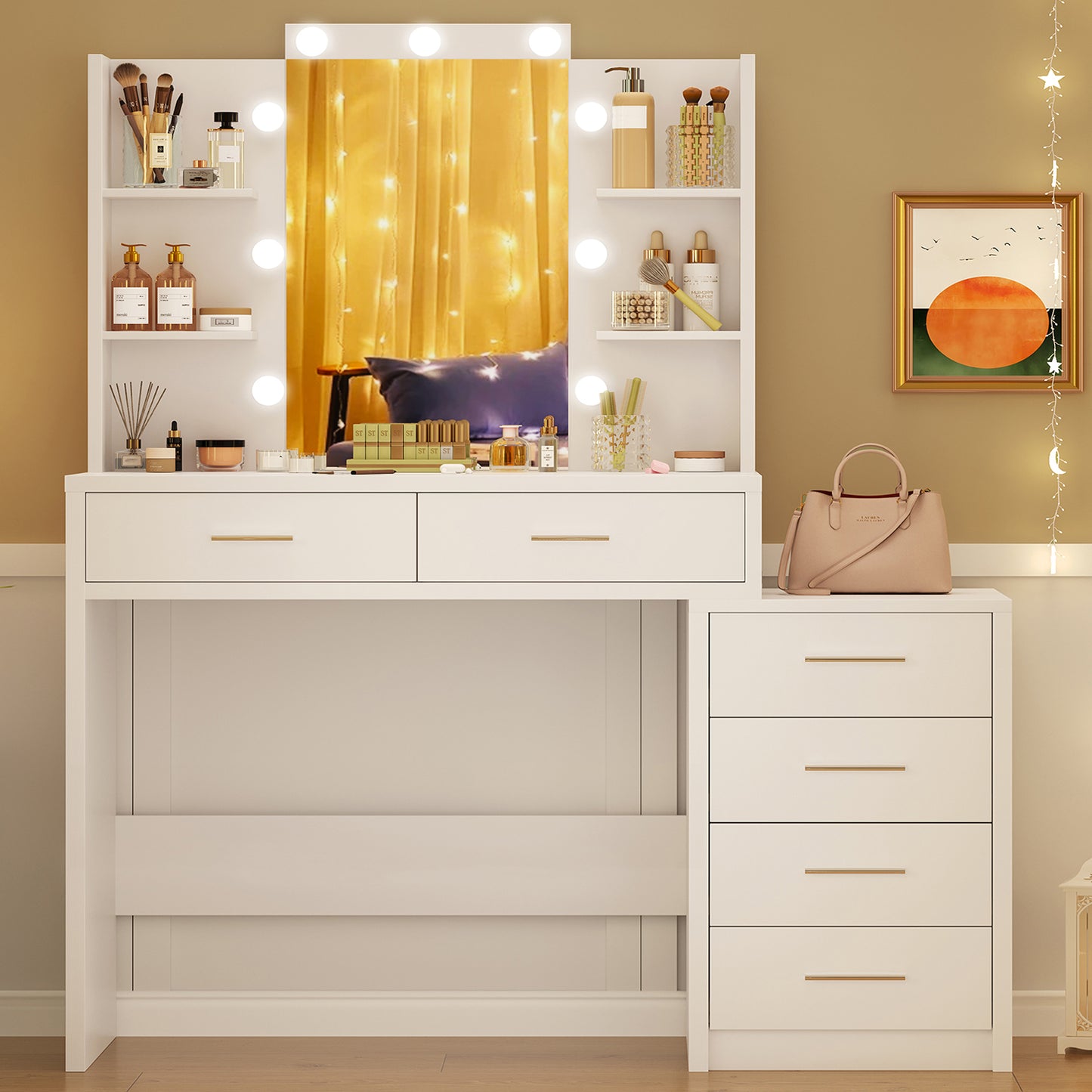 TEENFON Morden Vanity Desk with Mirror & 9 LED Lights Makeup Vanity 6 Drawers 6 Open Shelves White Vanity Table for Bedroom Women Girls
