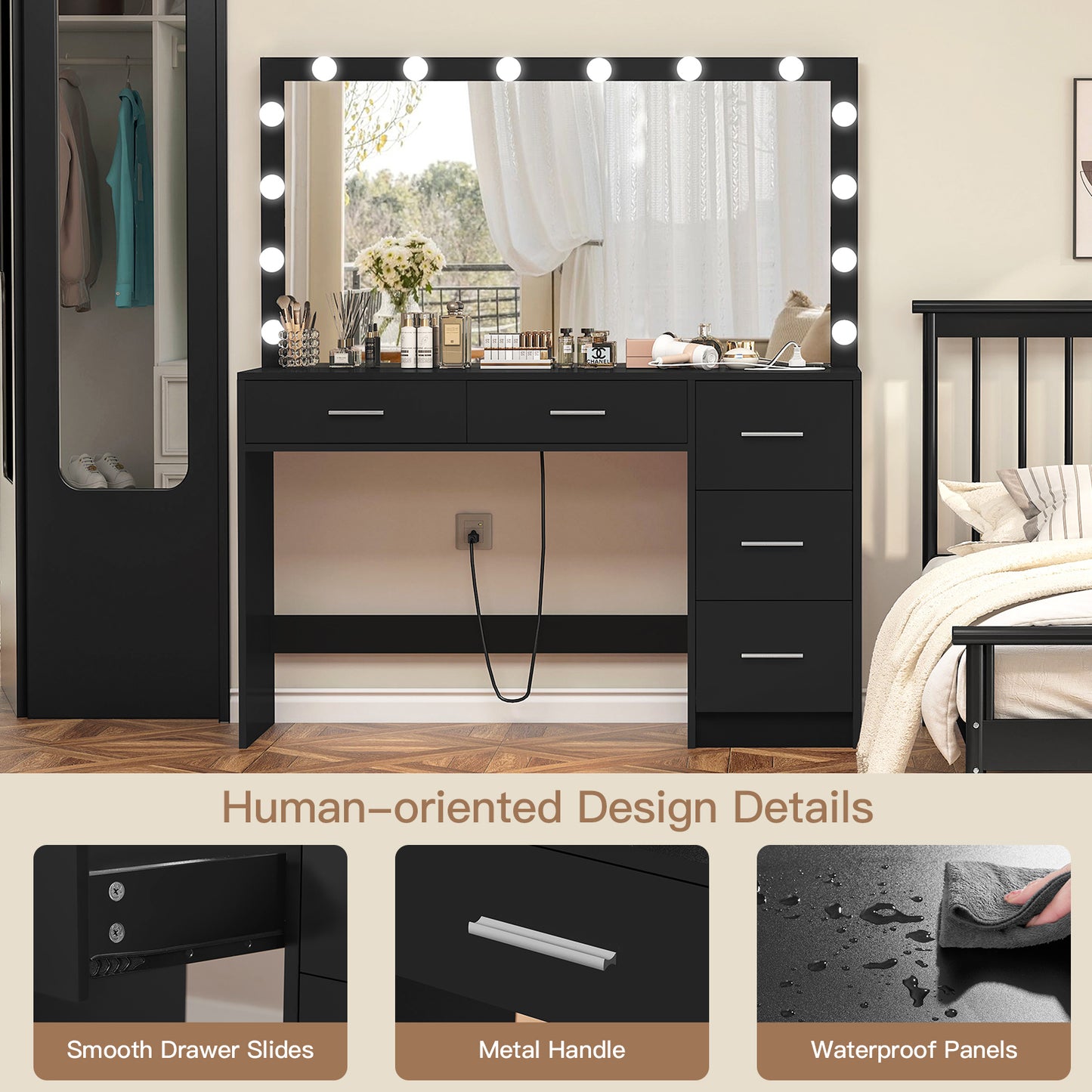 TEENFON 47.2" Large Vanity Desk with Mirror & 14 LED Lights, Makeup Vanity Table with 5 Drawers & Charging Station, Makeup Vanity Desk, 3 Lighting Colors, Dressing Vanity Table for Bedroom