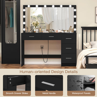 TEENFON 47.2" Large Vanity Desk with Mirror & 14 LED Lights, Makeup Vanity Table with 5 Drawers & Charging Station, Makeup Vanity Desk, 3 Lighting Colors, Dressing Vanity Table for Bedroom