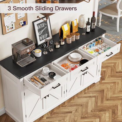 TEENFON 55”W Buffet Cabinet with 3 Large Drawers & 2 Adjustable Shelves, Modern Farmhouse Sideboard Buffet Cabinet with Storage, Credenza, Coffee Bar, White