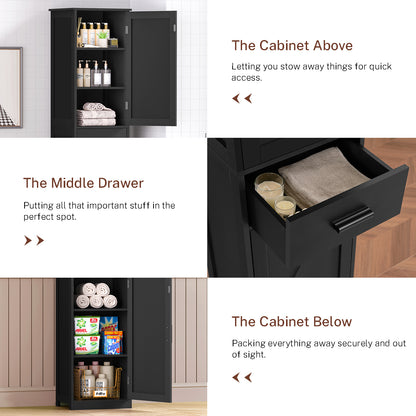 TEENFON Tall Bathroom Cabinet, Storage Cabinet with 6 Shelves & Drawer, Bathroom Storage Cabinet with Adjustable Shelves, Tall Cabinet for Living Room, Home Office, Black