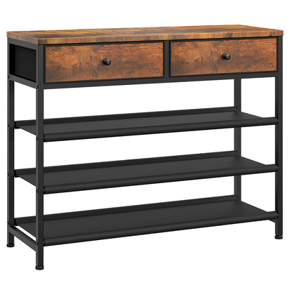 TEENFON Shoe Rack, 4 Tier Shoe Storage Organizer with 2 Drawers, Metal Shoe Shelf for 12-15 Pairs of Shoes, with 3 Oxford Fabric Shelves and Wooden Top, Shoe Stand for Entryway, Rustic Brown