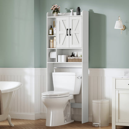 TEENFON Over The Toilet Storage Cabinet, Above Toilet Storage Cabinet with Paper Holder,Taller Wooden Free Standing Bathroom Storage with Shelves & Doors, Laundry Room Storage Shelf, White
