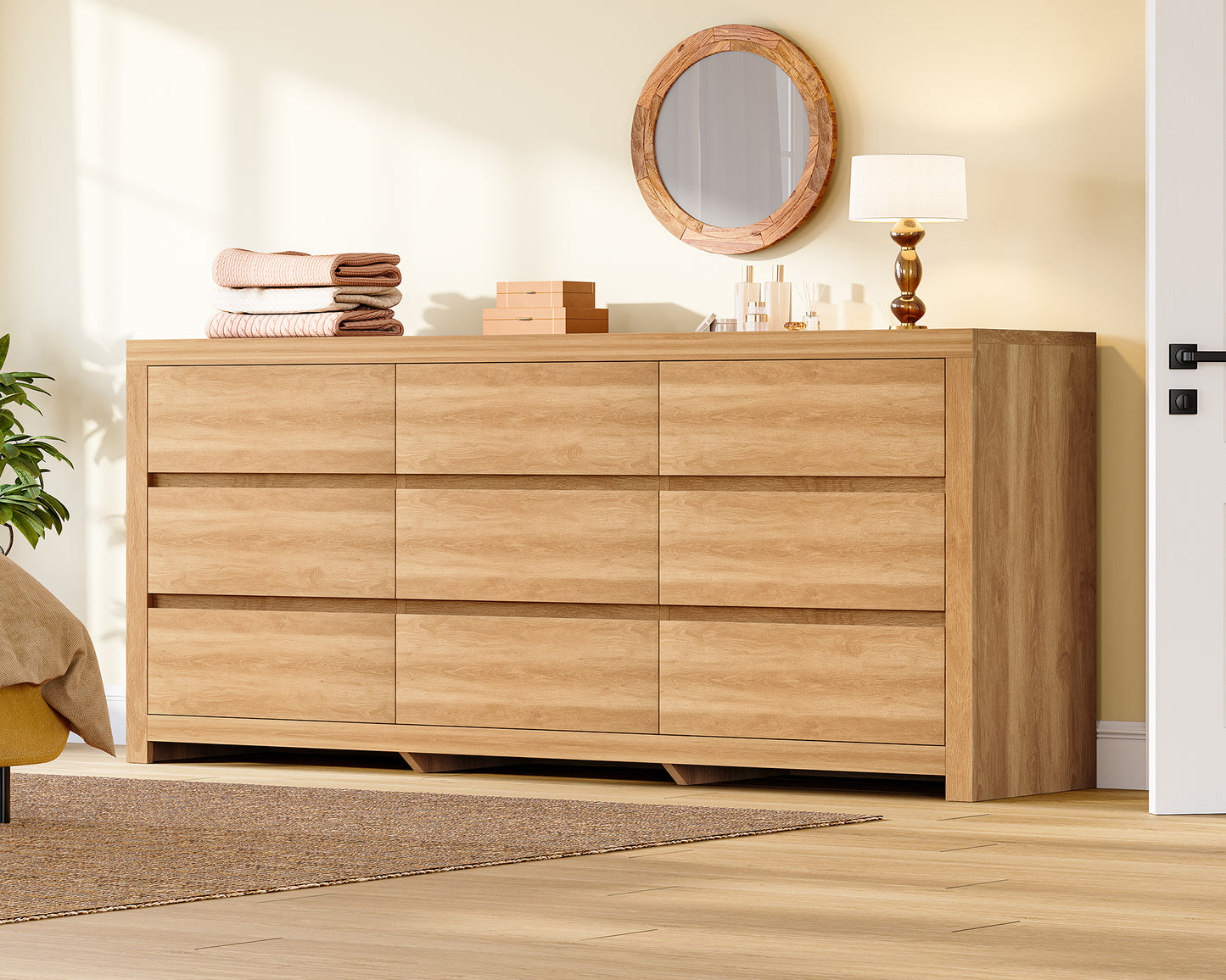 TEENFON 63" Dresser for Bedroom with 9 Drawers, Modern Dressers & Chests of Drawers with Metal Handles, Wooden Dresser TV Stand, Bedroom Dressers for Living Room, Hallway, Natural