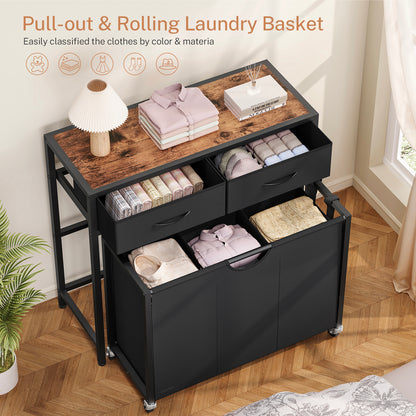 Laundry Sorter 3 Section with Tabletop & 2 Drawers, Rolling Laundry Hamper with Pull-Out and Removable Bags, Laundry Basket Organizer with Wheels and Shelf, Metal Frame Rustic Brown for Laundry Room
