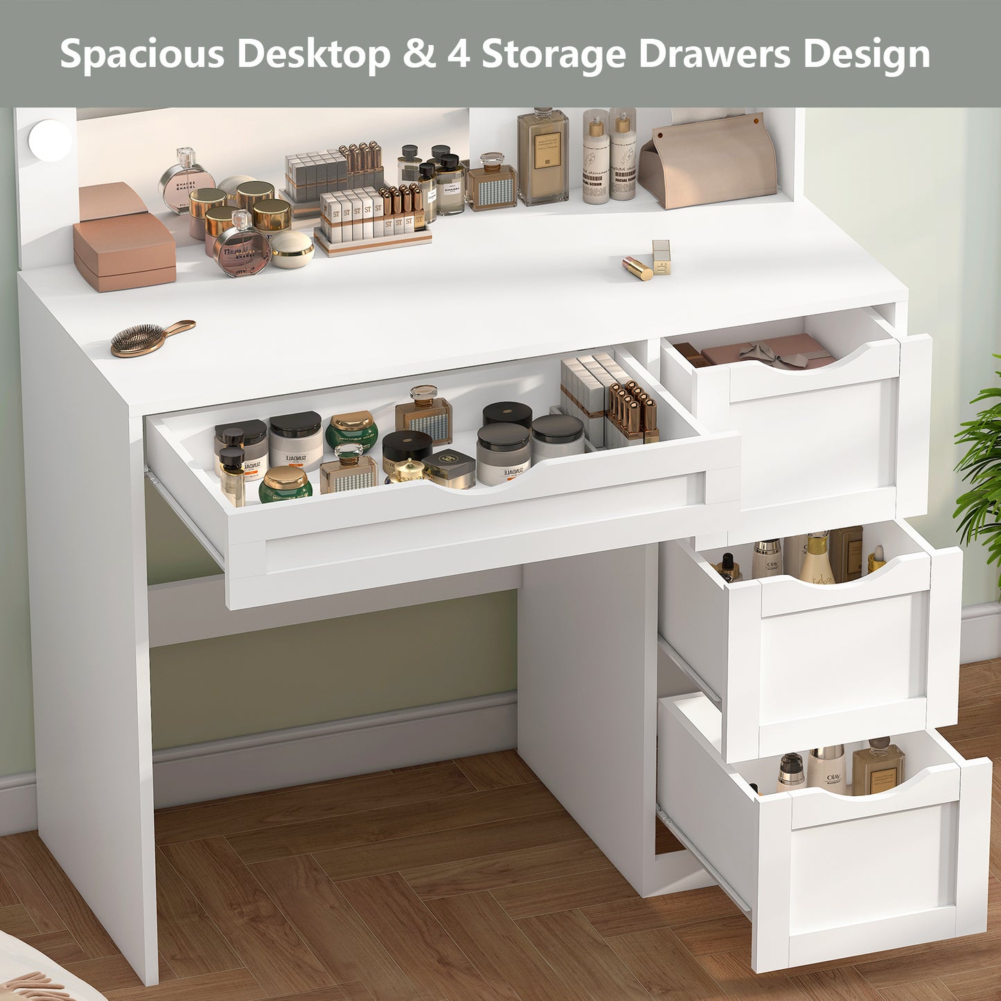 TEENFON Vanity Desk with Mirror and 10 LED Lights, Makeup Vanity Table Set with 4 Drawers, Make Desk Dressing Table with 2 Storage Shelves, Vanity Set 3 Lighting Modes for Bedroom, Girls Vanity,White