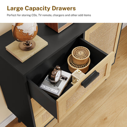 TEENFON Storage Cabinet with Adjustable Shelf & 3 Drawers, Rattan Cabinet with Doors, Freestanding Floor Accent Storage Unit for Living Room, Home Office, Natural + Black