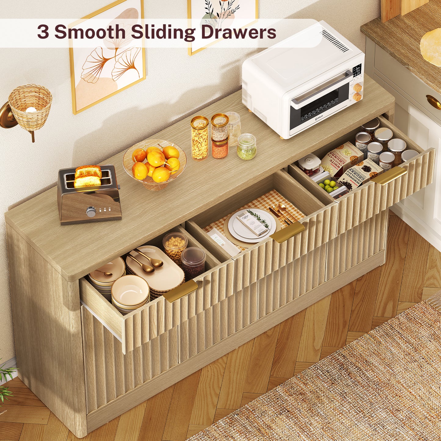 TEENEON Large Fluted Buffet Cabinet with 3 Drawers & 4 Doors, Sideboard Cabinet with 2 Adjustable Shelves, Coffee Bar Storage Cabinet for Kitchen, Living Room, Natural