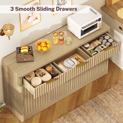 TEENEON Large Fluted Buffet Cabinet with 3 Drawers & 4 Doors, Sideboard Cabinet with 2 Adjustable Shelves, Coffee Bar Storage Cabinet for Kitchen, Living Room, Natural