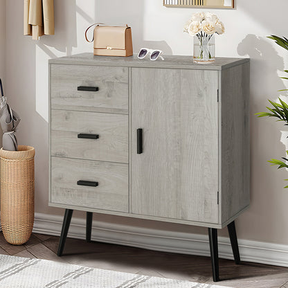 TEENFON Storage Cabinet with Adjustable Shelf & 3 Drawers, Rattan Cabinet with Doors, Freestanding Floor Accent Storage Unit for Living Room, Home Office, Natural + Black