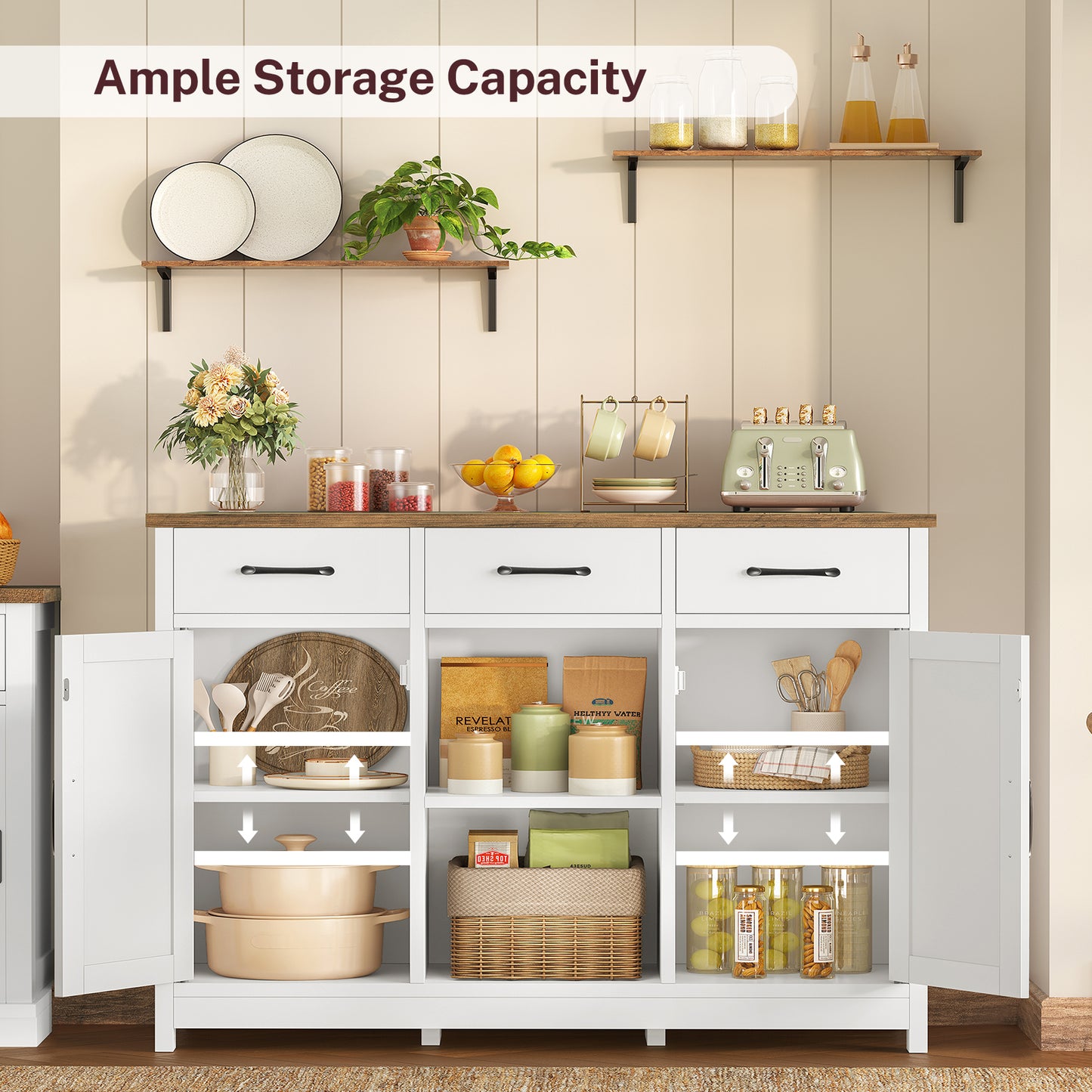 TEENFON Storage Cabinet, Coffee Bar Cabinet with 3 Drawers, 2 Adjustable Shelves & 2 Doors, Buffet Cabinet, Kitchen Cabinet for Kitchen, Dining Room, Living Room, White