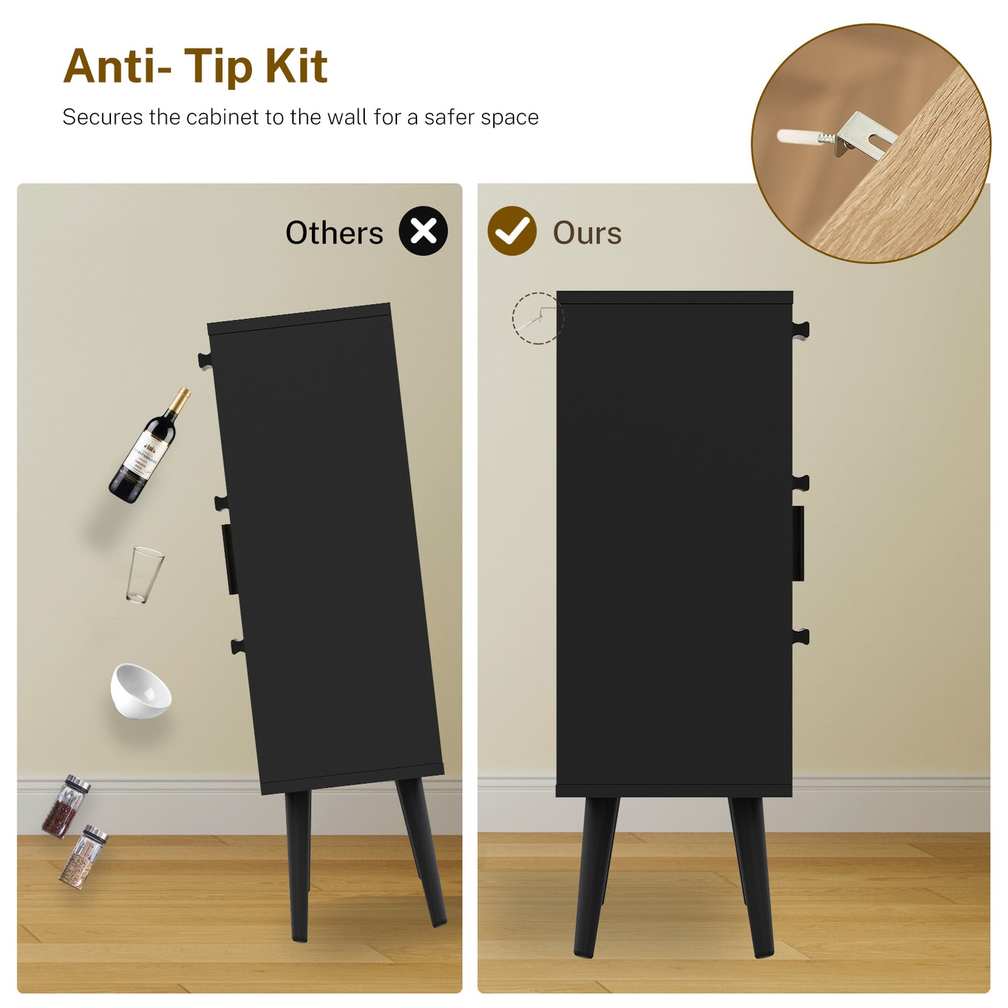 TEENFON Storage Cabinet with Adjustable Shelf & 3 Drawers, Rattan Cabinet with Doors, Freestanding Floor Accent Storage Unit for Living Room, Home Office, Natural + Black