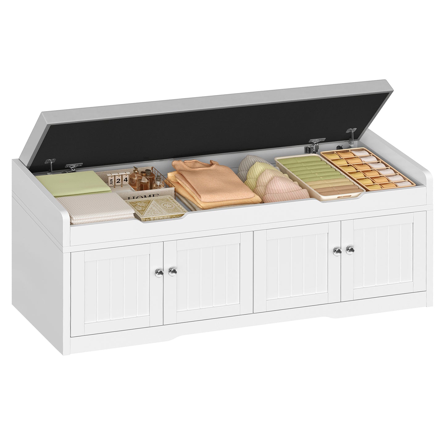 TEENFON 3-Tier Storage Bench, 47.2" Wide Shoe Bench with Lift Top Storage & 2 Adjustable Shelves, Entryway Bench with Padded Seat Cushion, Shoe Cabinet Bench for Entryway, Living Room, Bedroom (White)