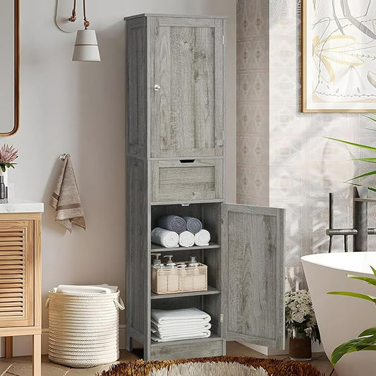 TEENFON 67" Tall Bathroom Cabinet with Adjustable Shelves & 1 Drawer, Storage Cabinet with 2 Doors, Narrow Tall Cabinet, Floor Cabinet for Bathroom, Living Room, Home Office, Grey